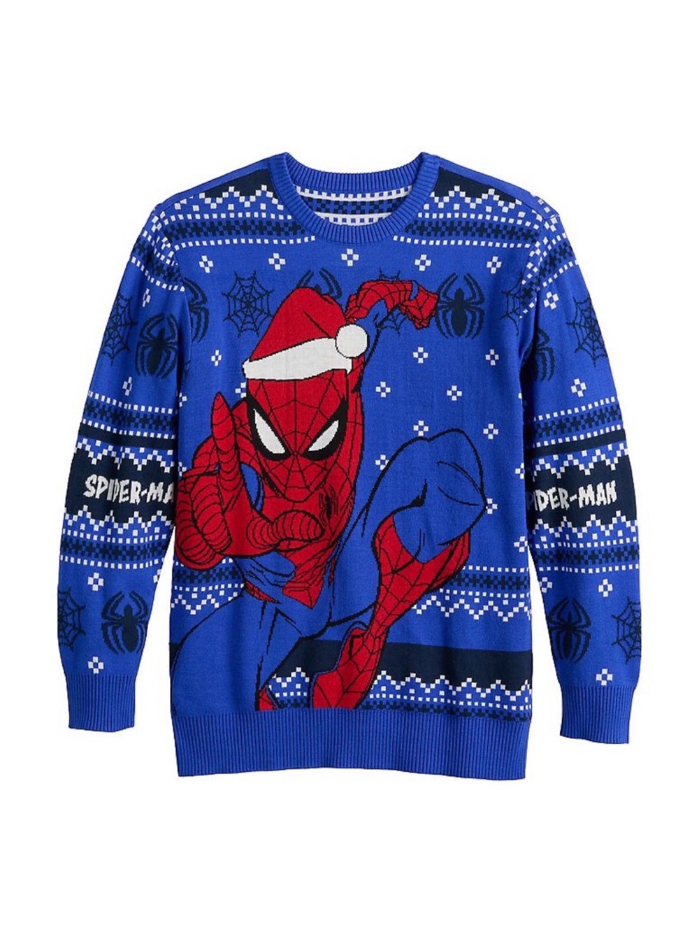 Marvel Boys Blue Spider-Man Holiday Graphic Crewneck Sweater - Large